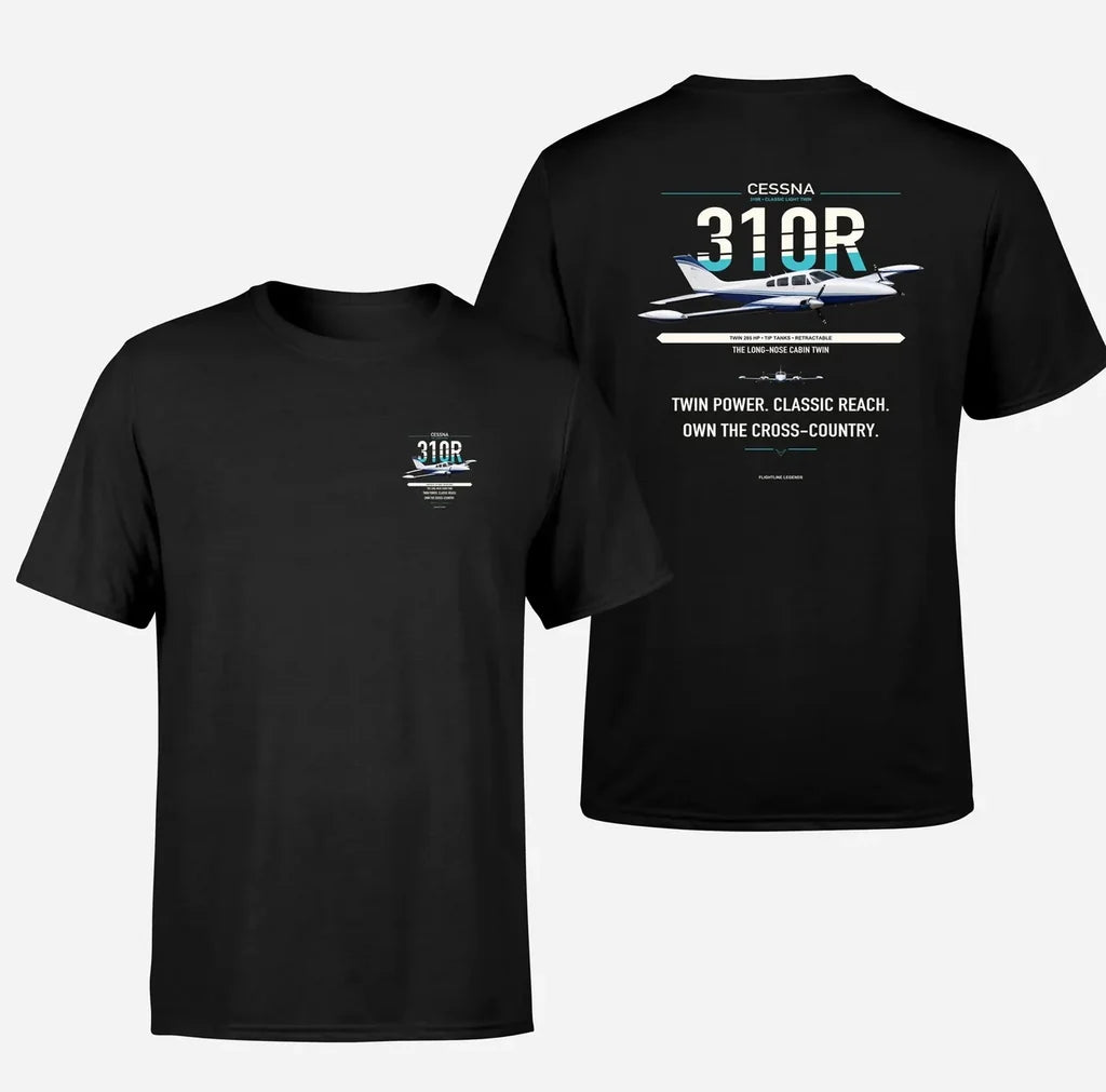 Cessna 310R design on black double-side t-shirt, double-side print