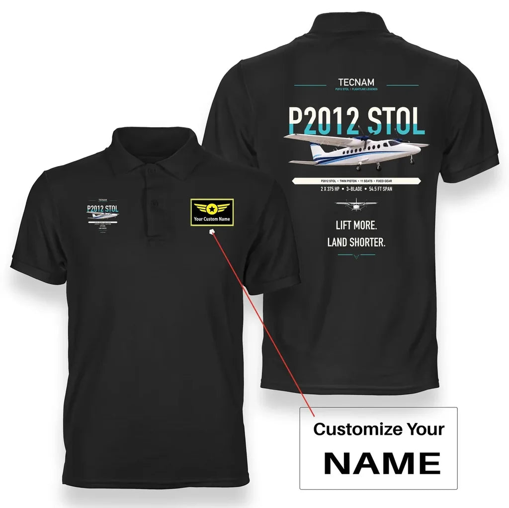Tecnam P2012 STOL design on black+name double-side polo t-shirt, double-side print