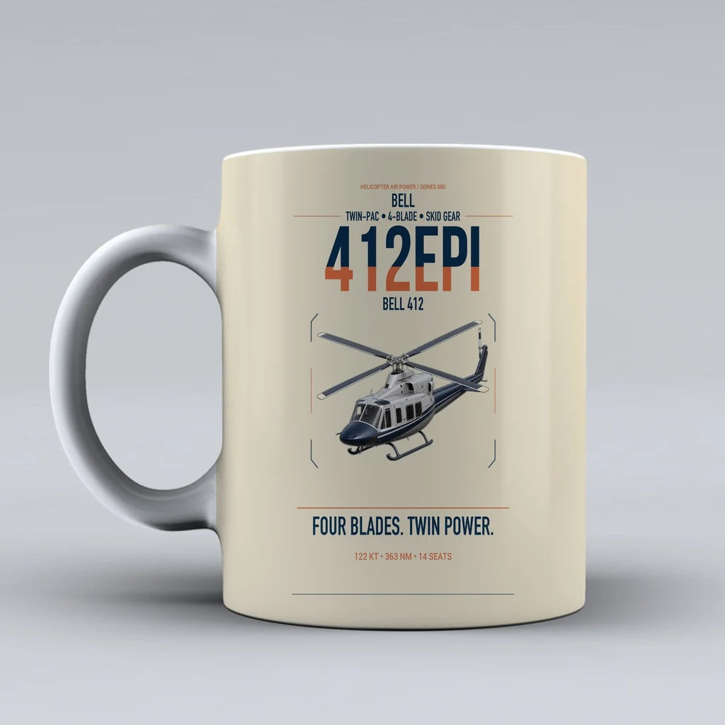 Bell 412EPI design on beige ceramic mug, double-side print