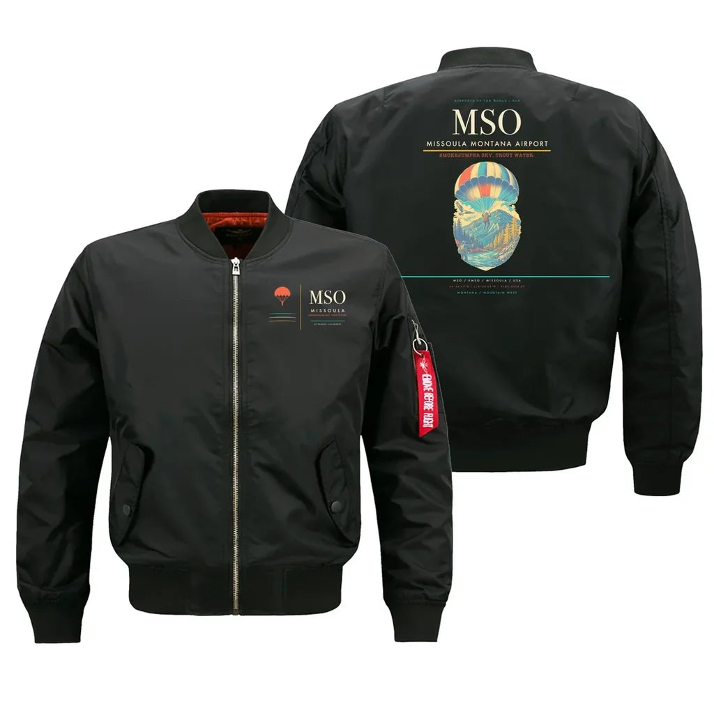 Missoula Montana Airport (MSO) design on black bomber jacket