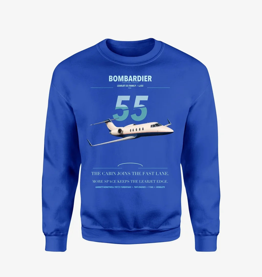 Bombardier Learjet 55 design on blue sweatshirt