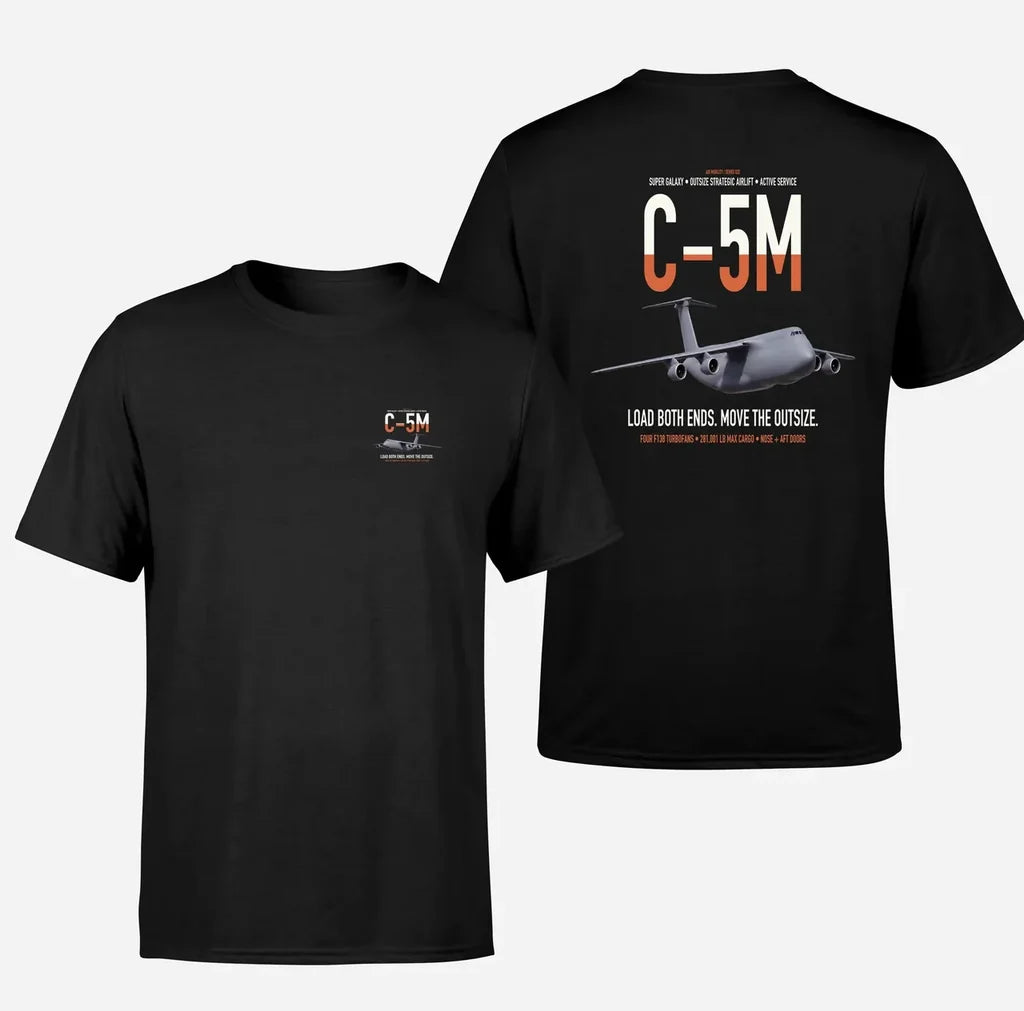 C-5M Super Galaxy design on black double-side t-shirt, double-side print