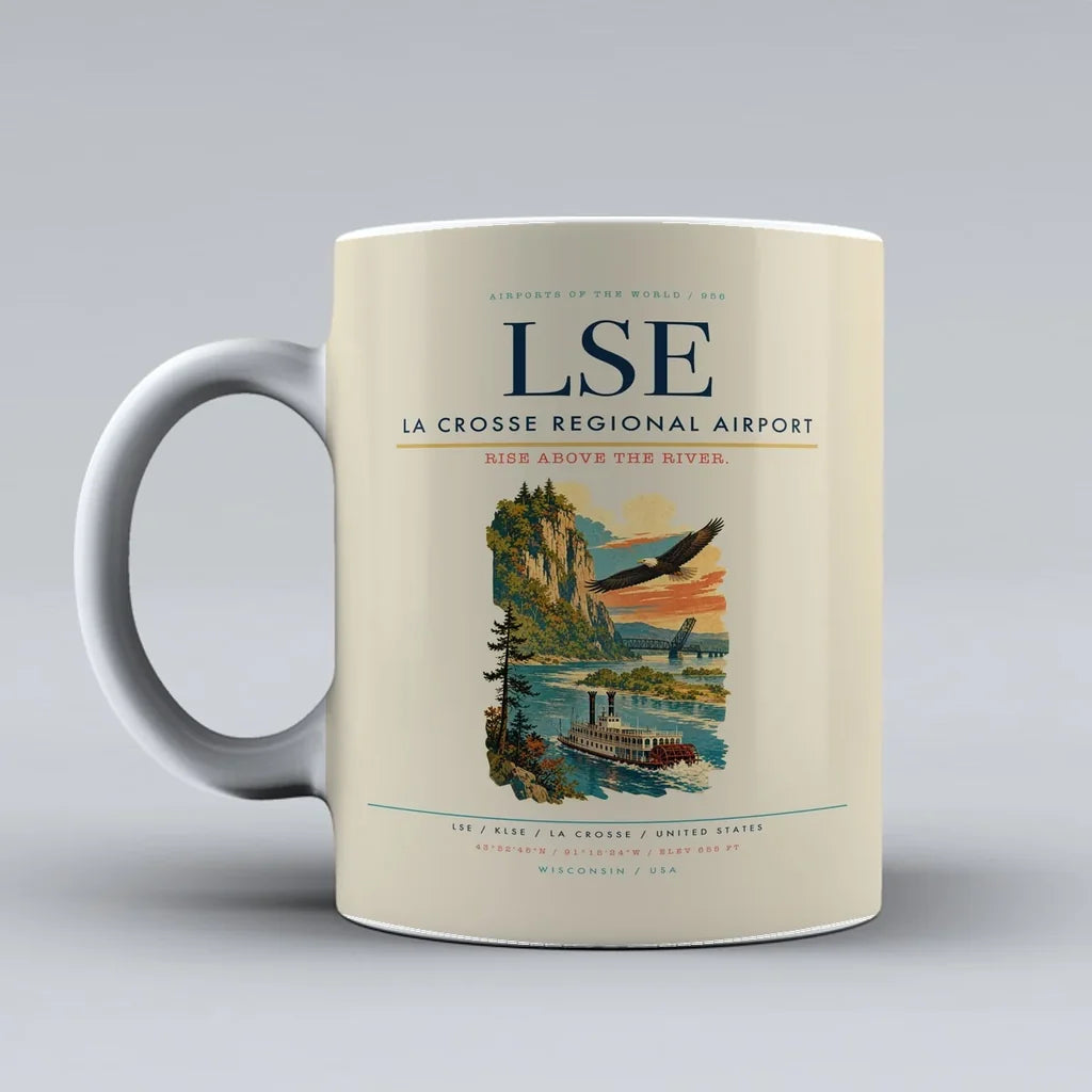 La Crosse Regional Airport (LSE) airport code design on beige ceramic mug