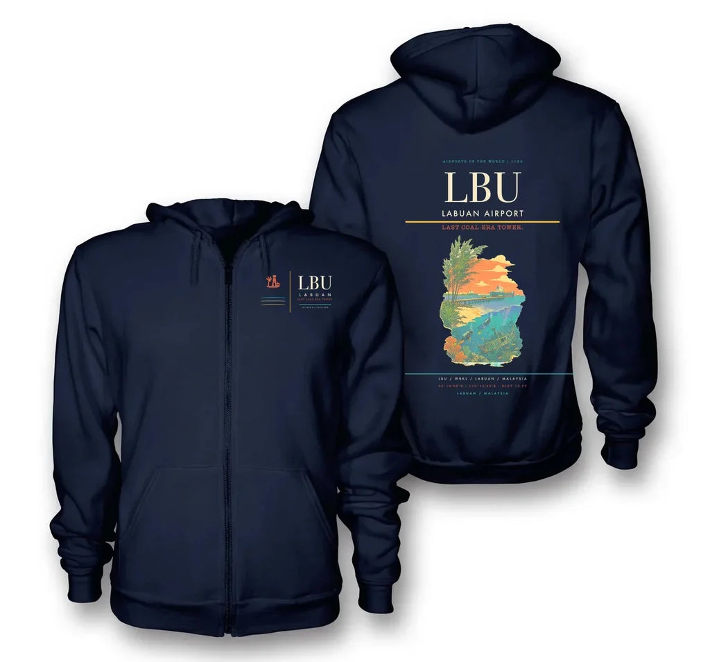 Labuan Airport (LBU) design on navy blue premium zipped hoodie