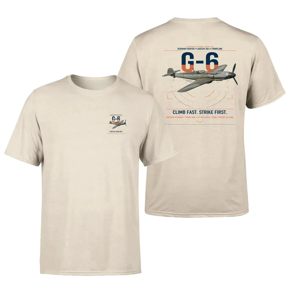 Messerschmitt Bf 109G-6 design on beige t-shirt, double-side print