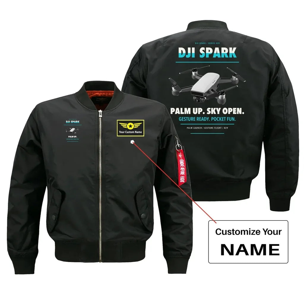DJI Spark design on black bomber with custom name badge