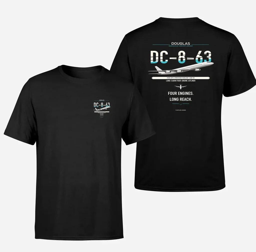 Douglas DC-8-63 design on black double-side t-shirt, double-side print