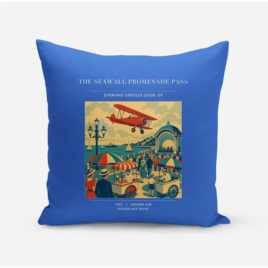 VINTAGE G4476 - The Seawall Promenade Pass - Designed Pillows design on blue