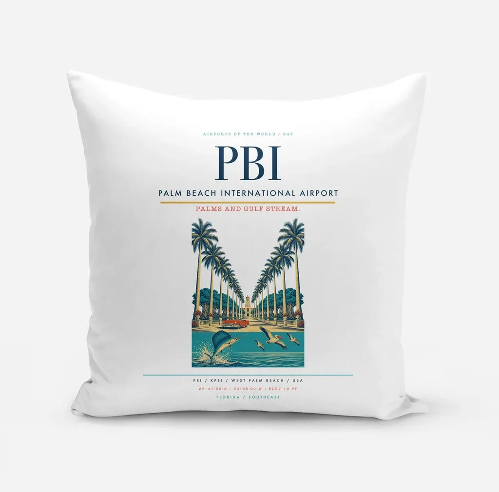 Palm Beach International Airport (PBI) design on white pillow