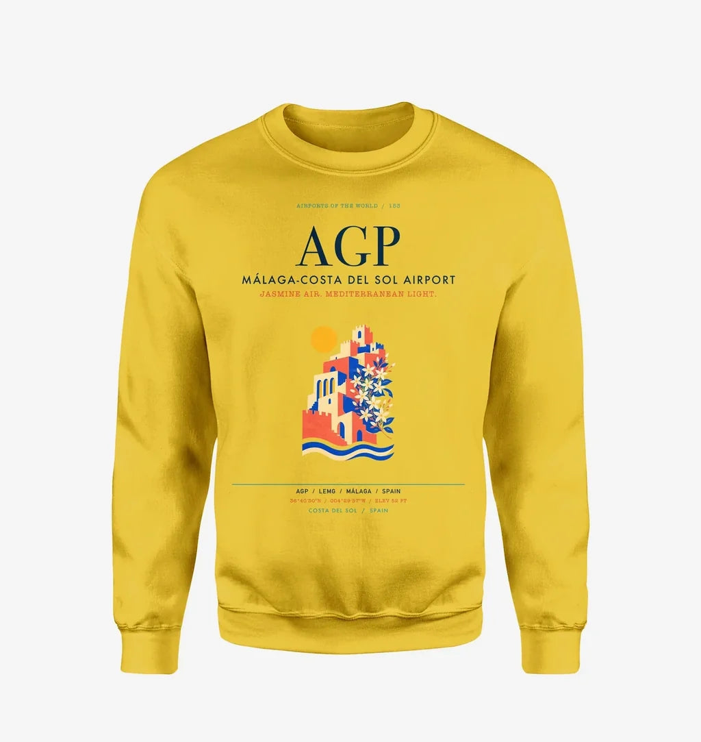 Malaga-Costa del Sol Airport (AGP) design on yellow sweatshirt