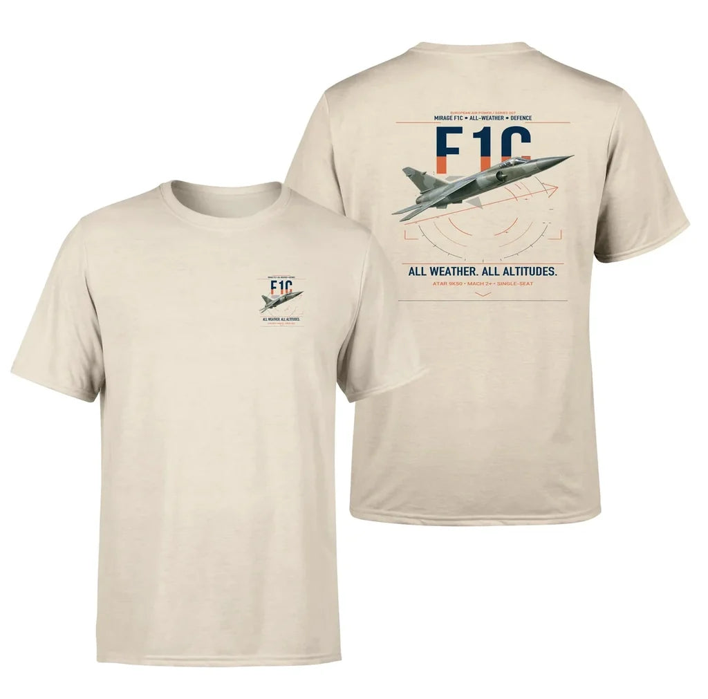 Dassault Mirage F1C design on beige t-shirt, double-side print