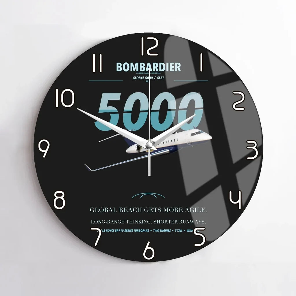 Bombardier Global 5000 design on black no frame wall clock