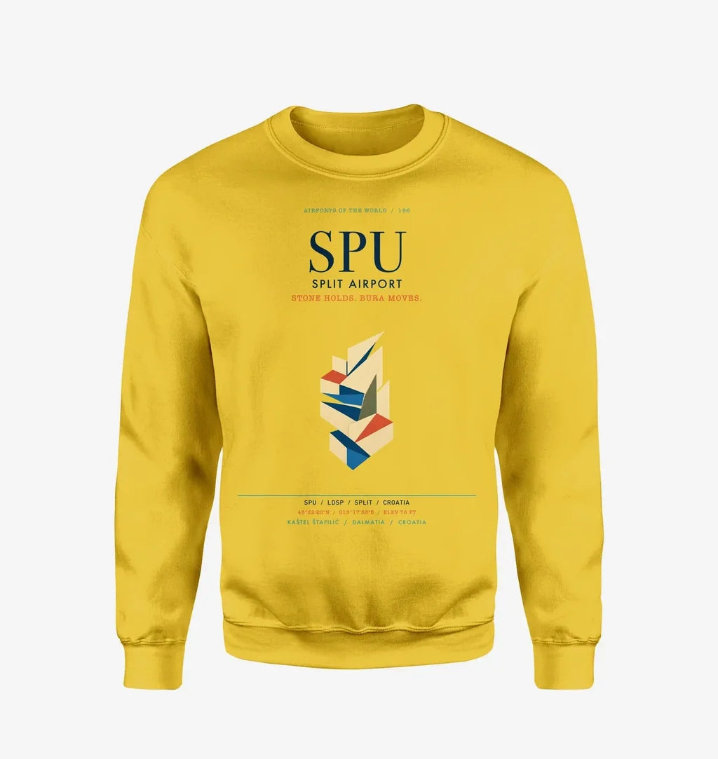 Split Airport (SPU) design on yellow sweatshirt