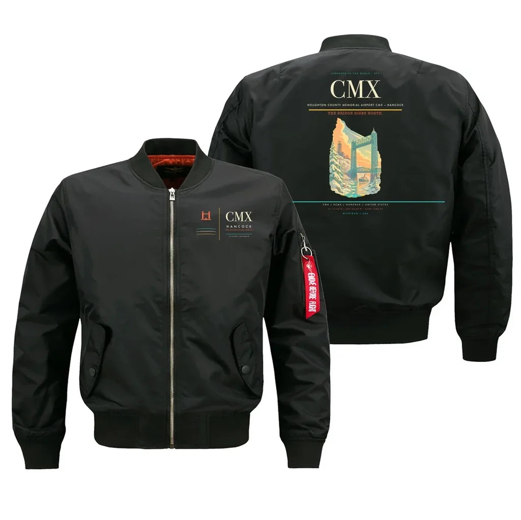 Houghton County Memorial Airport (CMX) design on black bomber jacket