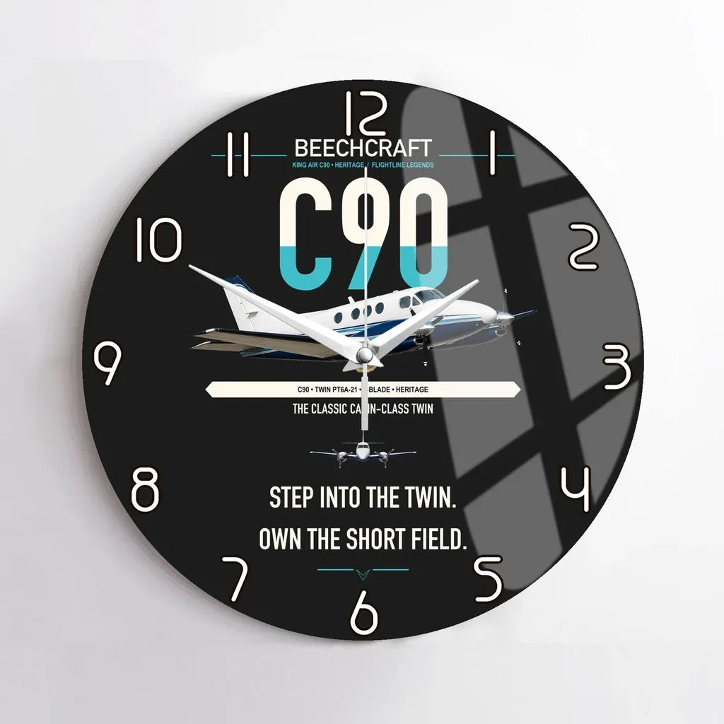 Beechcraft King Air C90 design on black no frame wall clock