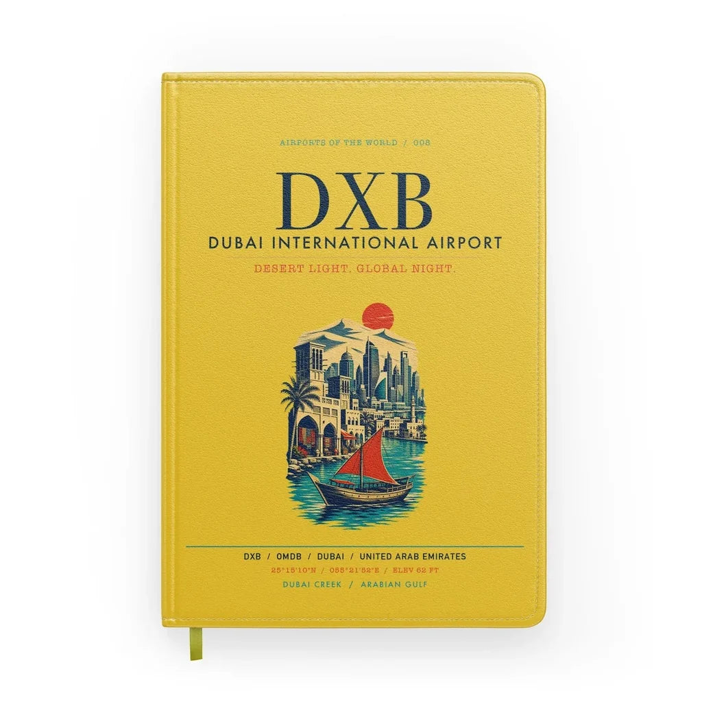 Dubai International Airport (DXB) design on yellow notebook