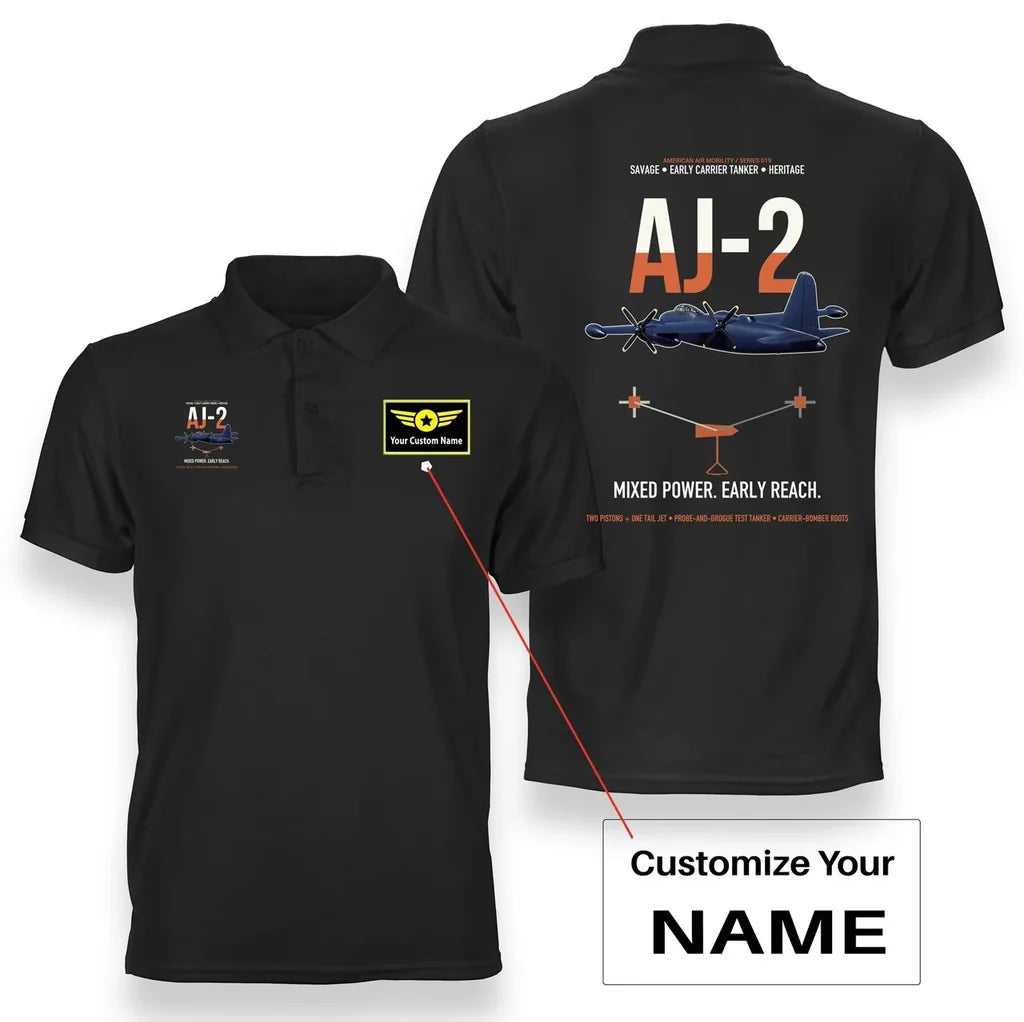 AJ-2 Savage Tanker design on black+name double-side polo t-shirt, double-side print