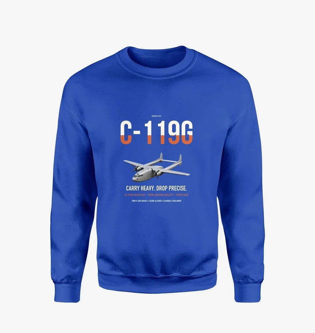 C-119G Flying Boxcar design on blue sweatshirt