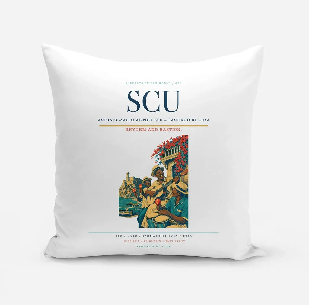 Antonio Maceo Airport (SCU) design on white pillow