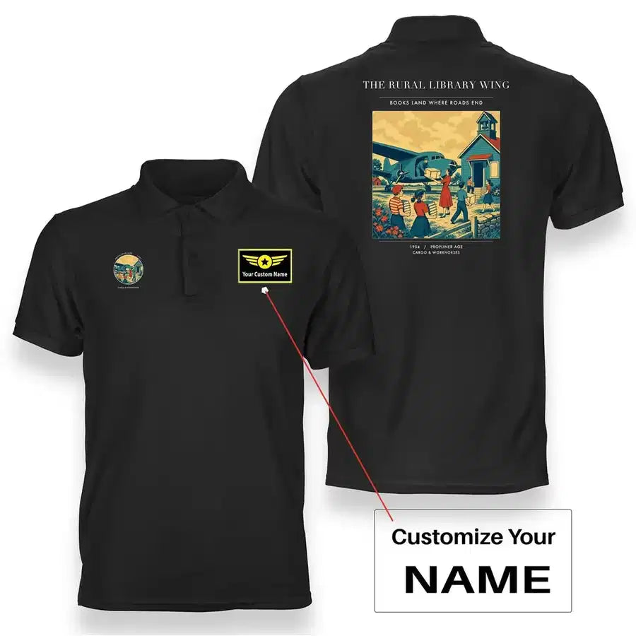 VINTAGE G4392 - The Rural Library Wing - Double-Side Polo T-Shirt design on black+name