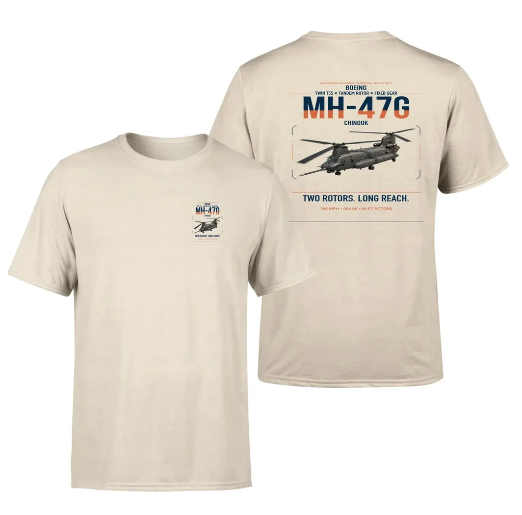 Boeing MH-47G Chinook design on beige t-shirt, double-side print