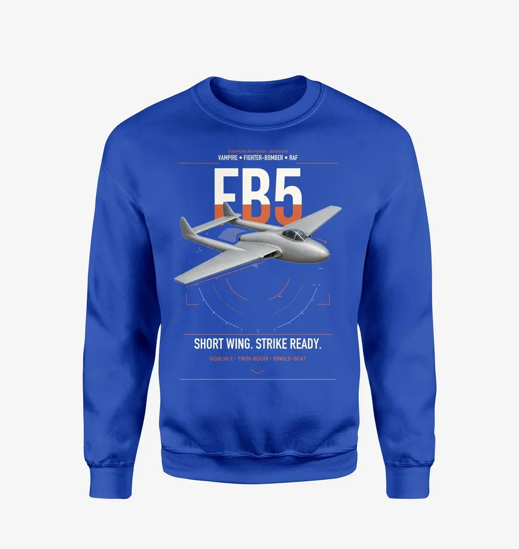 de Havilland Vampire FB5 design on blue sweatshirt