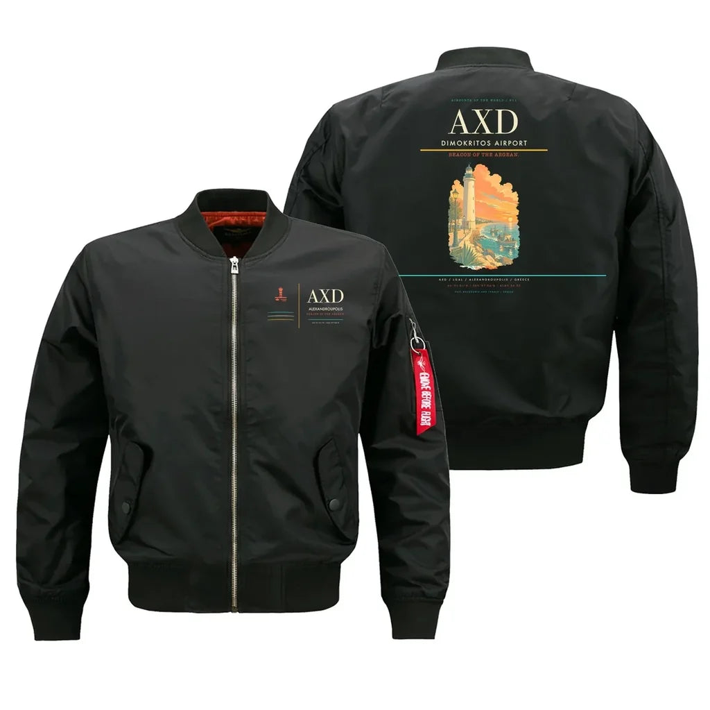 Dimokritos Airport (AXD) design on black bomber jacket