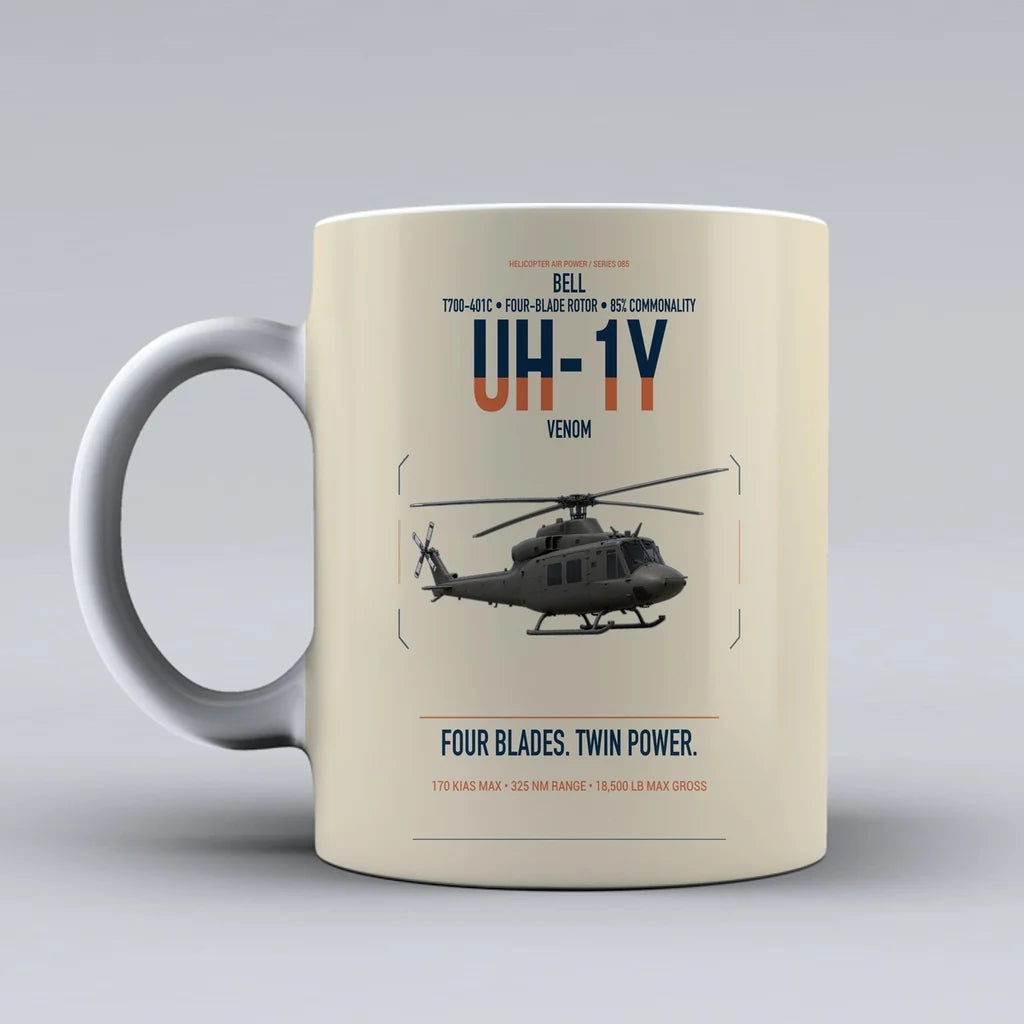 Bell UH-1Y Venom design on beige ceramic mug, double-side print