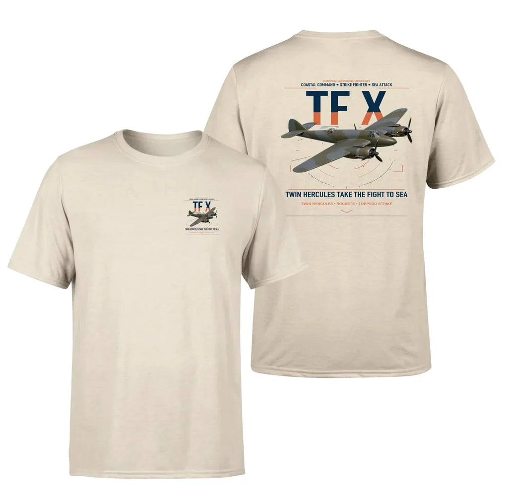 Bristol Beaufighter TF X design on beige t-shirt, double-side print