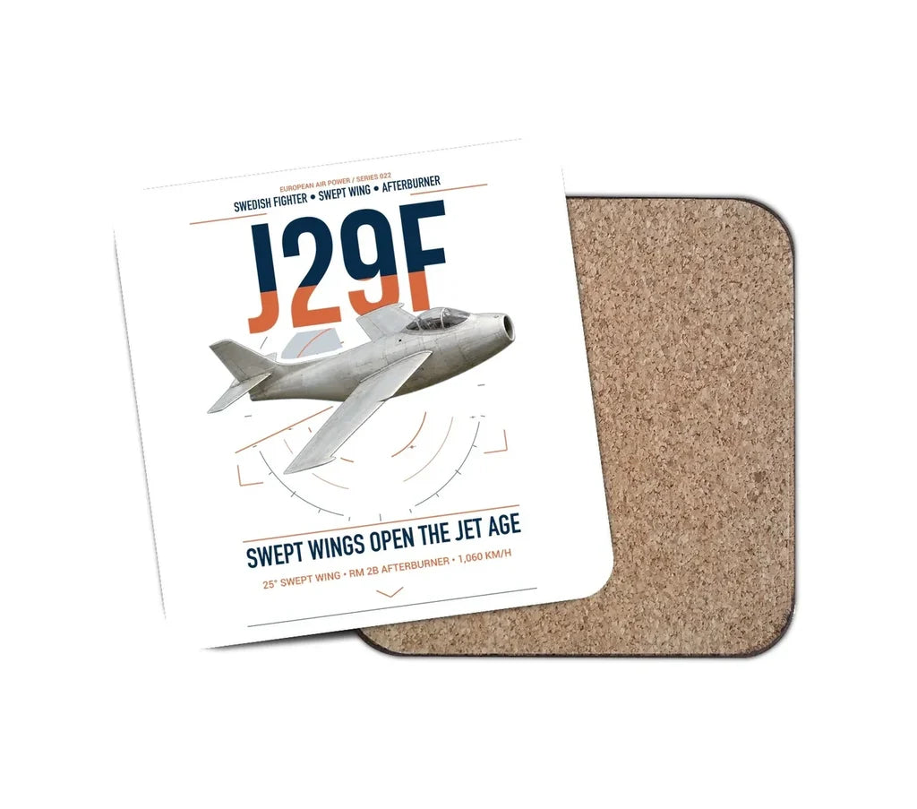 Saab J 29F Tunnan design on white 1 piece coaster