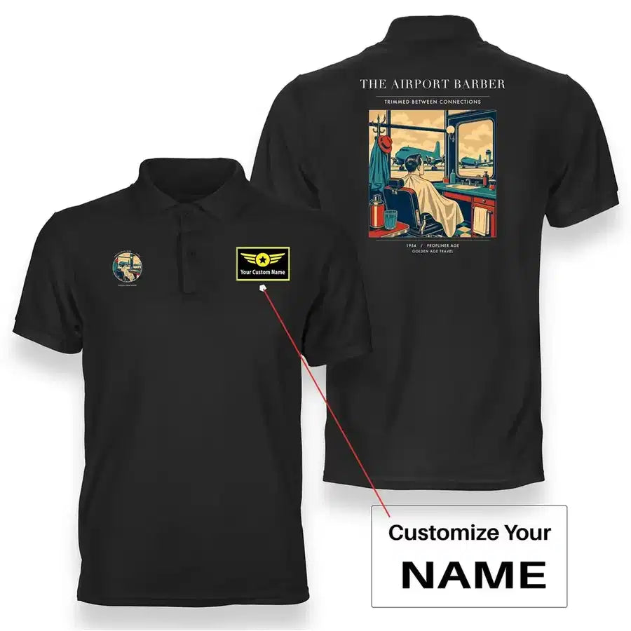 VINTAGE G4377 - The Airport Barber - Double-Side Polo T-Shirt design on black+name