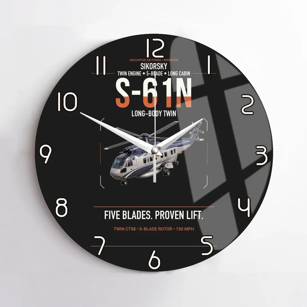 Sikorsky S-61N design on black no frame wall clock