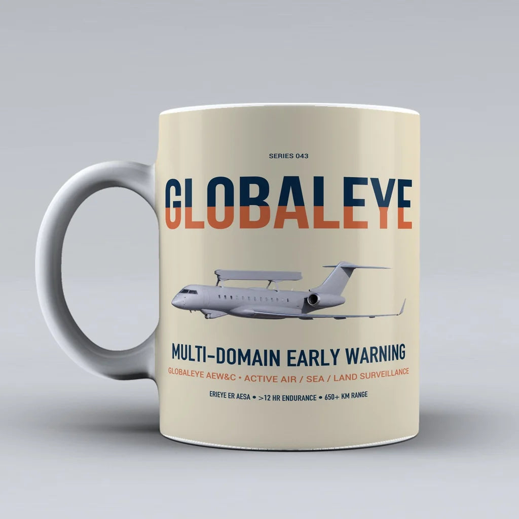 Saab GlobalEye design on beige ceramic mug, double-side print