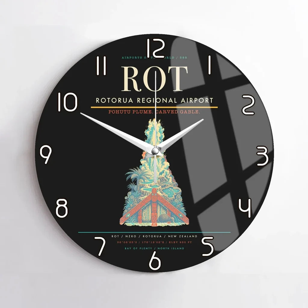 Rotorua Regional Airport (ROT) design on black no frame wall clock