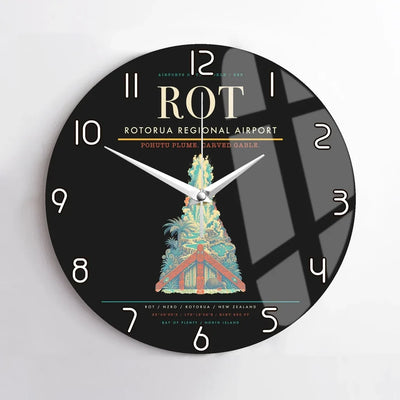 Rotorua Regional Airport (ROT) design on black no frame wall clock