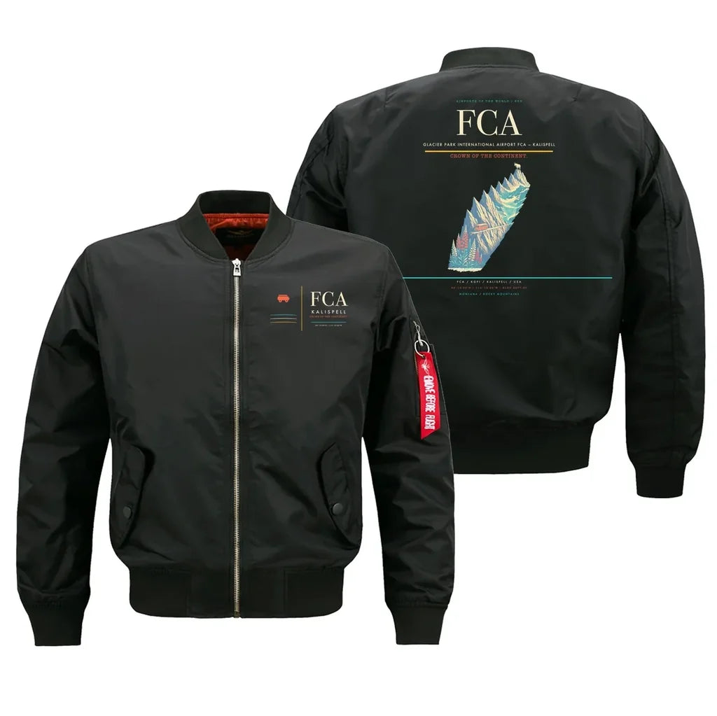 Glacier Park International Airport (FCA) design on black bomber jacket