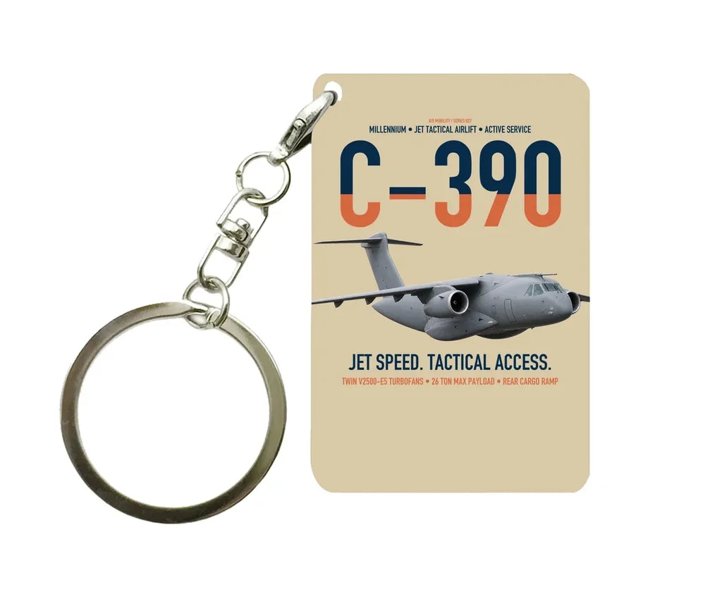 C-390 Millennium design on beige designed key chain, double-side print