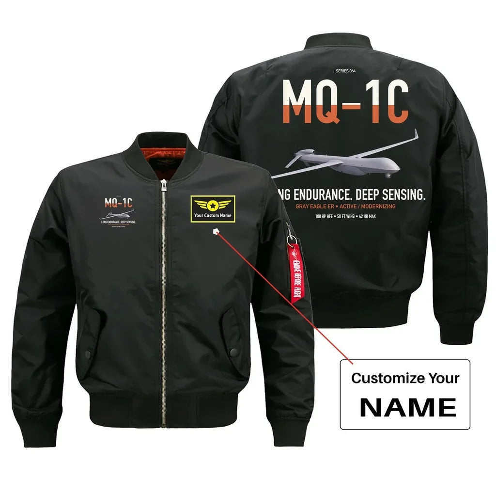 MQ-1C Gray Eagle ER design on black+name bomber jacket, double-side print
