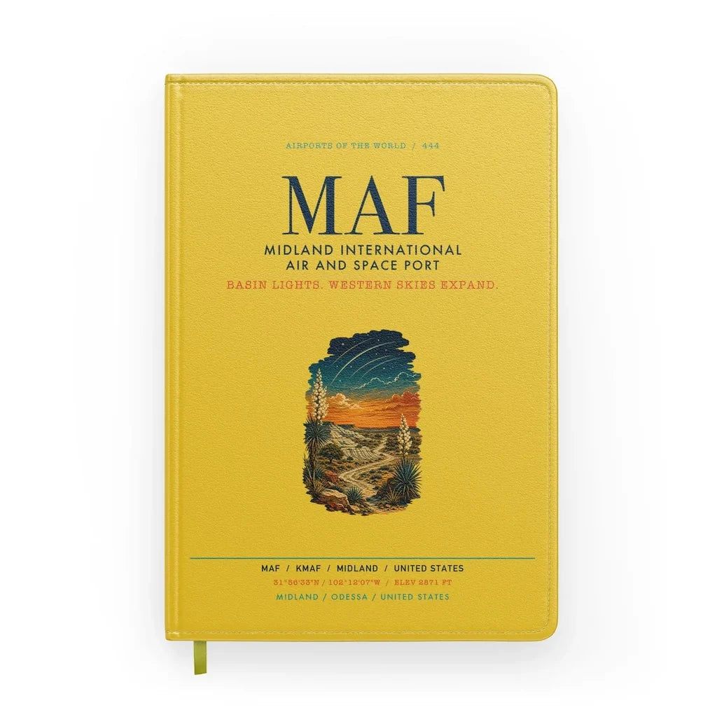 Midland International Air and Space Port (MAF) design on yellow notebook