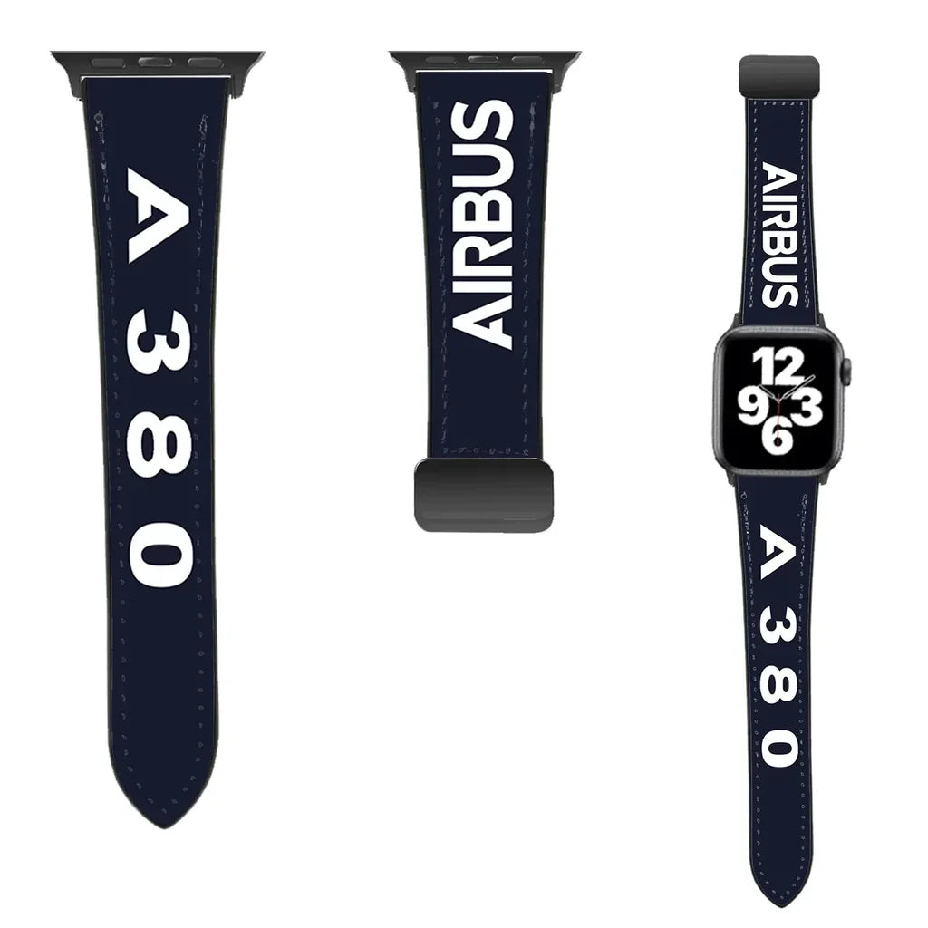 Airbus A380 Flat Text leather apple watch band - navy blue