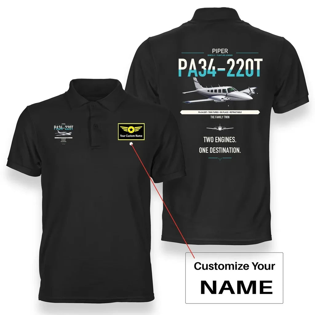Piper PA-34-220T Seneca V design on black+name double-side polo t-shirt, double-side print