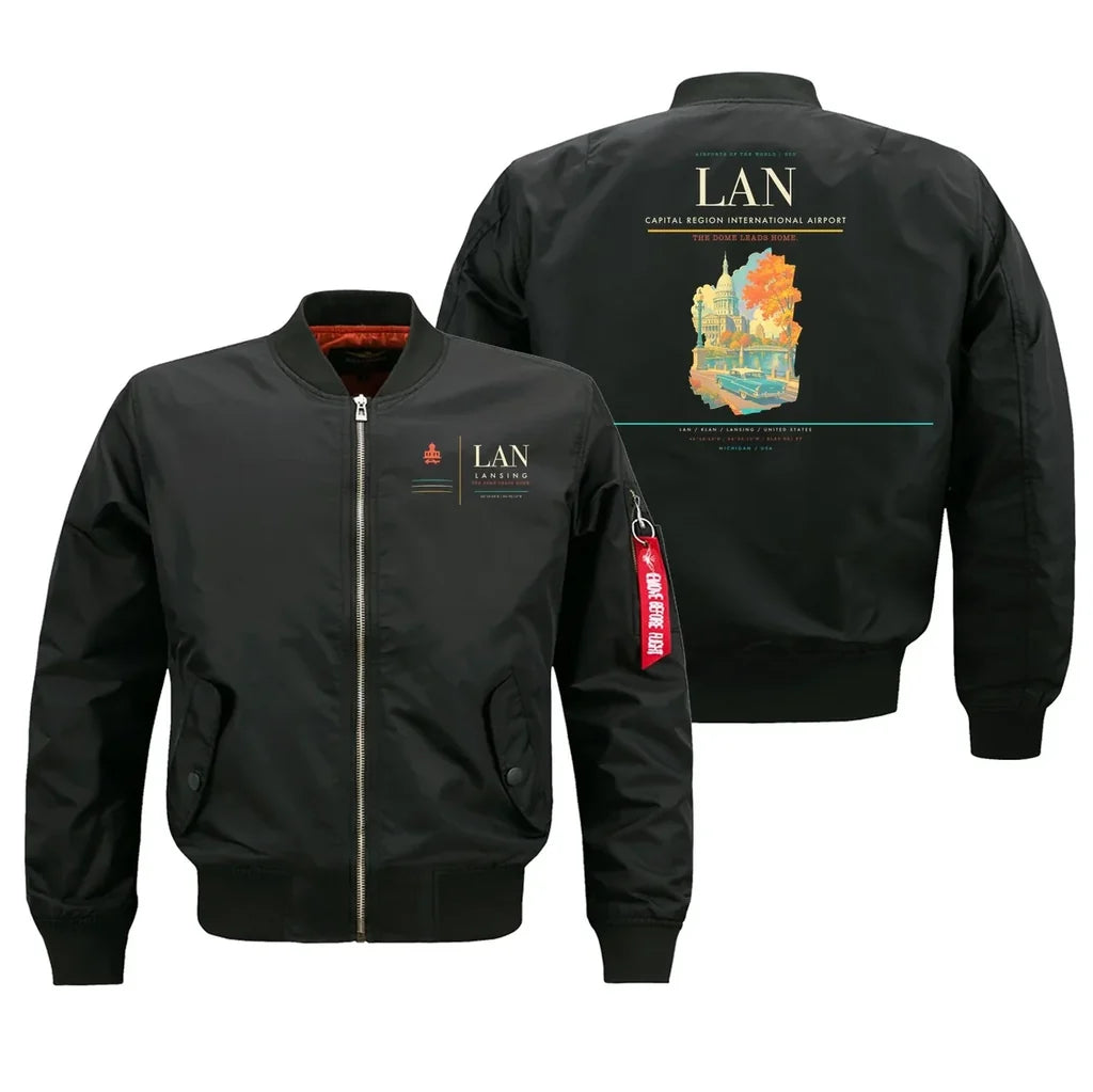 Capital Region International Airport (LAN) design on black bomber jacket