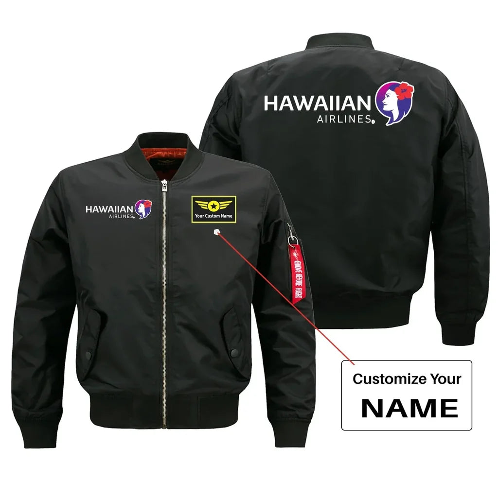 Hawaiian Airlines logo on black + name bomber jacket
