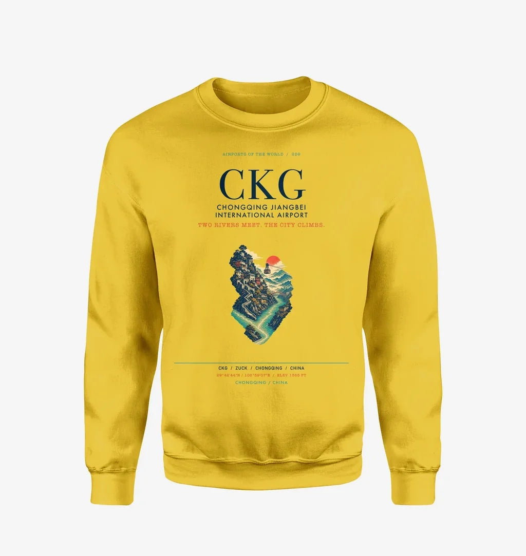 Chongqing Jiangbei International Airport (CKG) design on yellow sweatshirt