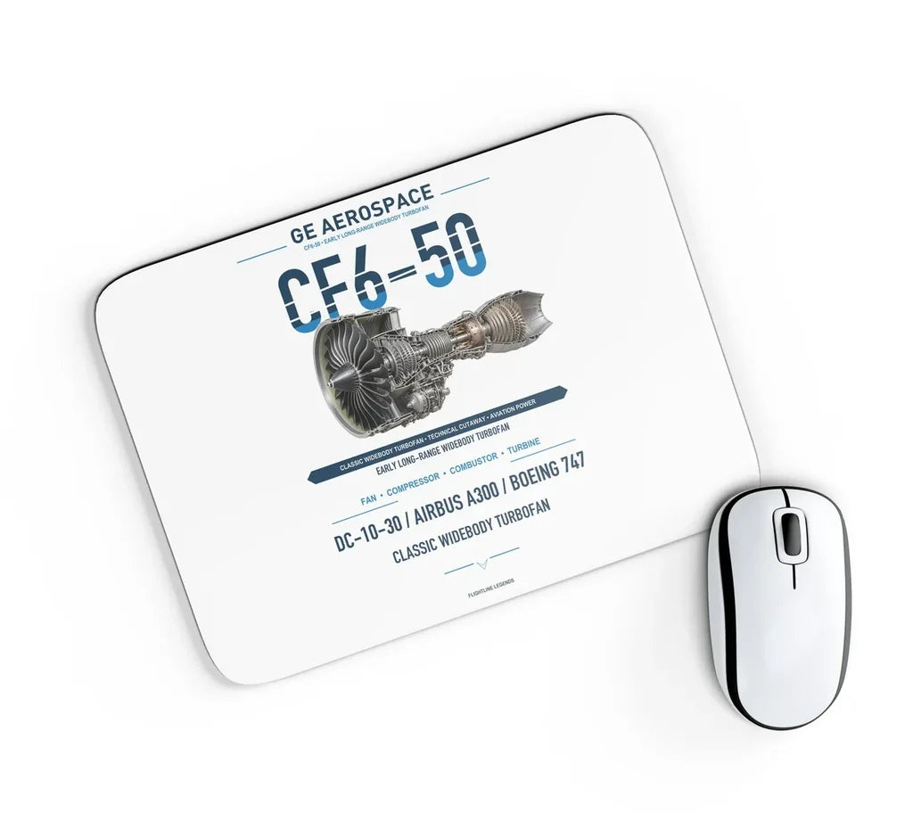 CF6-50 design on white rectangle mouse pad