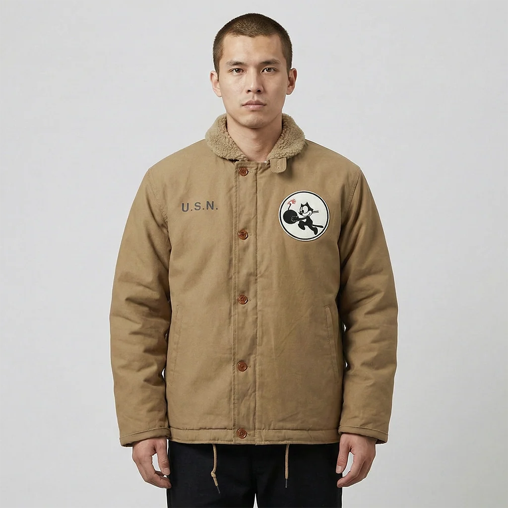 Navy N-1 Retro Deck Jacket With Plush Lamb Wool aviation design printed on padded shell with classic pilot styling pilot jacket.