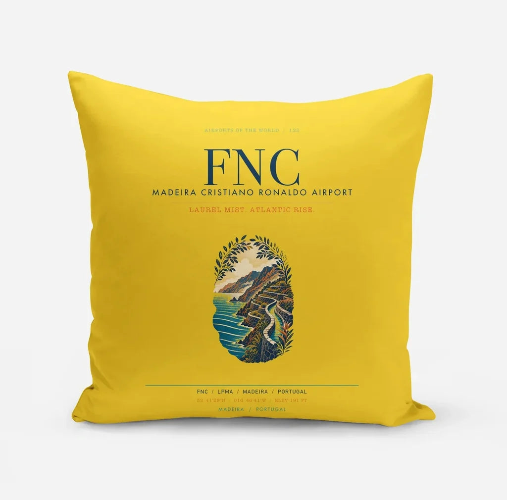 Madeira Cristiano Ronaldo Airport (FNC) design on yellow pillow