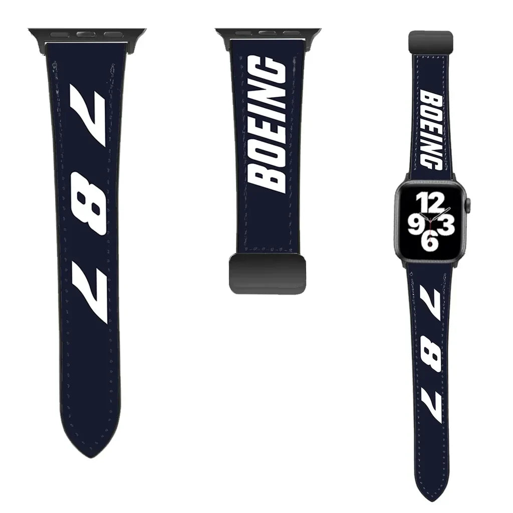 Boeing 787 Flat Text leather apple watch band - navy blue