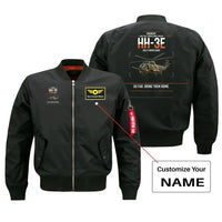 Thumbnail for Sikorsky HH-3E Jolly Green Giant design on black+name bomber jacket, double-side print