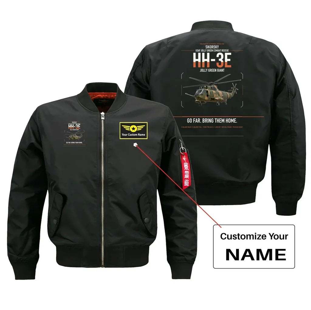 Sikorsky HH-3E Jolly Green Giant design on black+name bomber jacket, double-side print